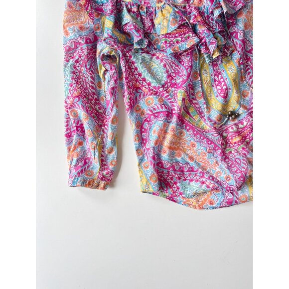 LAUREN RALPH LAUREN Pink Paisley Cotton Voile V-Neck Ruffle Blouse, Size M - Picture 9 of 16